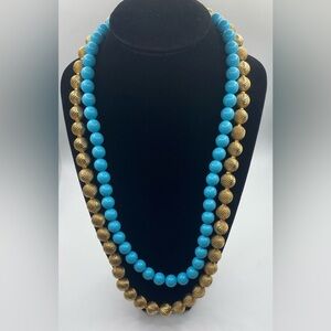 Coro Pegasus Turquoise and Burnished Gold Tone Double Strand Necklace Vintage